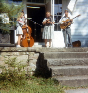 The Urquhart Family Band on steps of Burkham School House, c. 1983. Note "Honesty" stone in foundation. [X_100_workers_2613_mod.jpg]