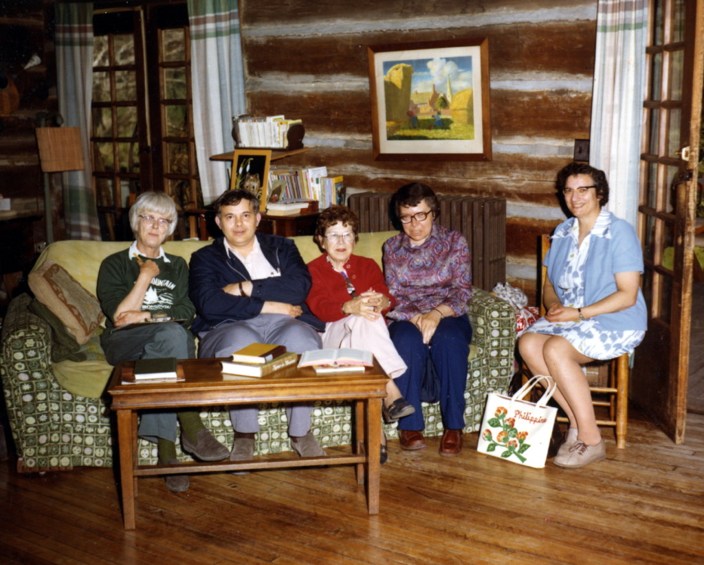 Mary Rogers, Bill Leach, Alice Cobb, ?,Marion Leach ?, and Milly Mahoney in living room of Big Log, c. 1970s. X_100_workers_2657_mod.jpg