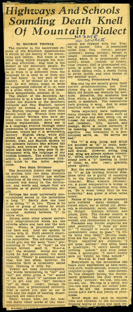 Highways and Schools Sounding Death Knell of Mountain Dialect. (newspaper article, n.d [before 1924]., no source)