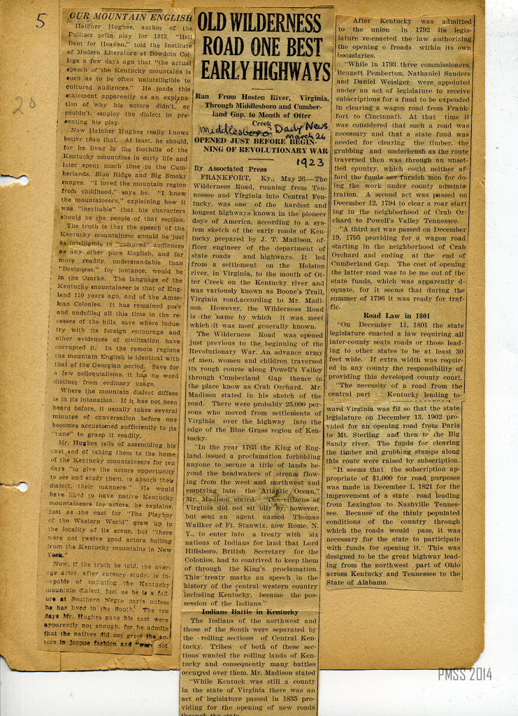 “Old Wilderness Road One Best Early Highways. Ran from Hosten [Holsten] River, Virginia, Through Middlesboro and Cumberland Gap to Mouth of Otter.” OPENED JUST BEFORE BEGINNING OF REVOLUTIONARY WAR.” Middlesboro Daily News, March 26, 1923. p. 01